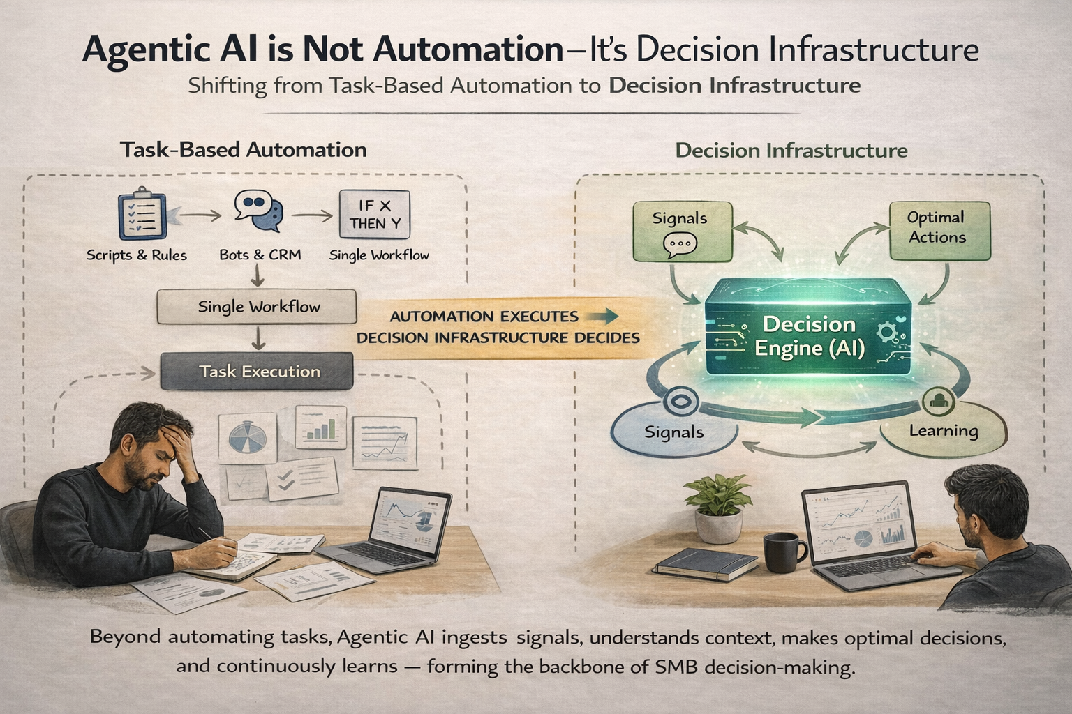 Stop automating tasks and start scaling decisions. Learn why Agentic AI is the critical decision infrastructure SMBs need to move beyond basic chatbots. /insights/smb-ai/agentic-ai-not-automation-decision-infrastructure/featured-image.png