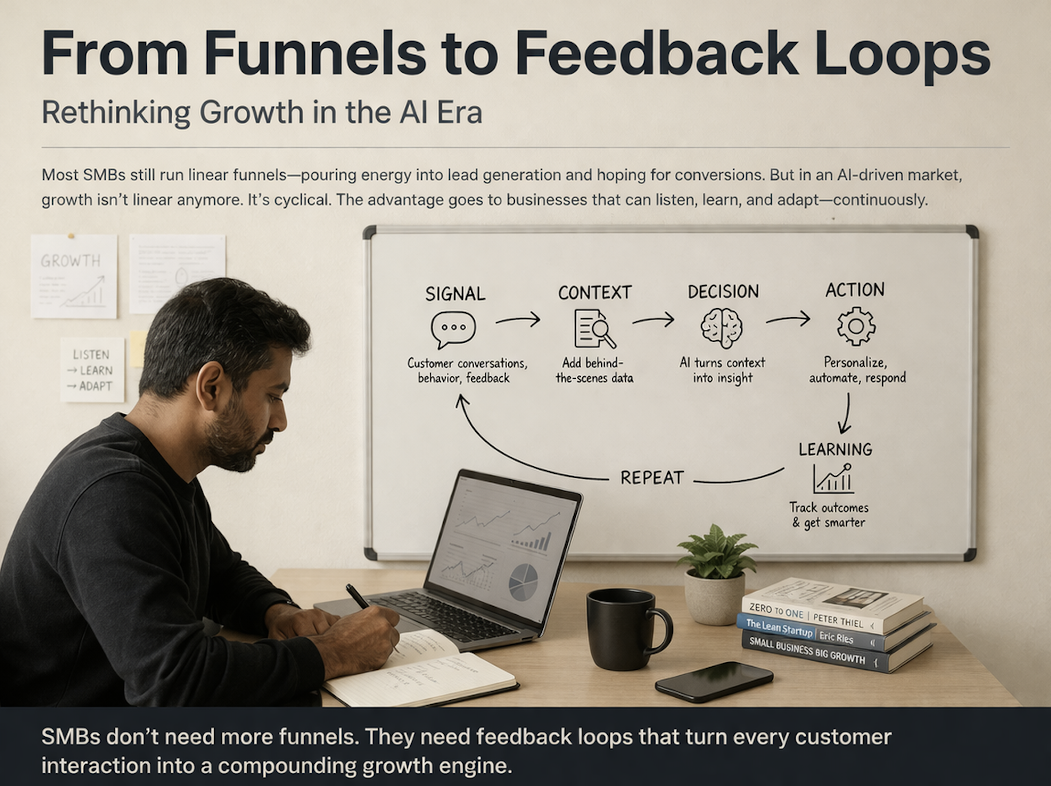 Traditional marketing funnels are breaking. Discover how AI-driven feedback loops allow SMBs to adapt to customer intent in real-time. /insights/smb-ai/funnels-to-feedback-loops-ai-growth/featured-image.png